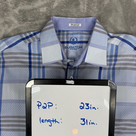 Bugatchi Uomo Shirt Men Large Blue Plaid Shaped Fit Button Up Cotton Long Sleeve - Picture 3 of 8